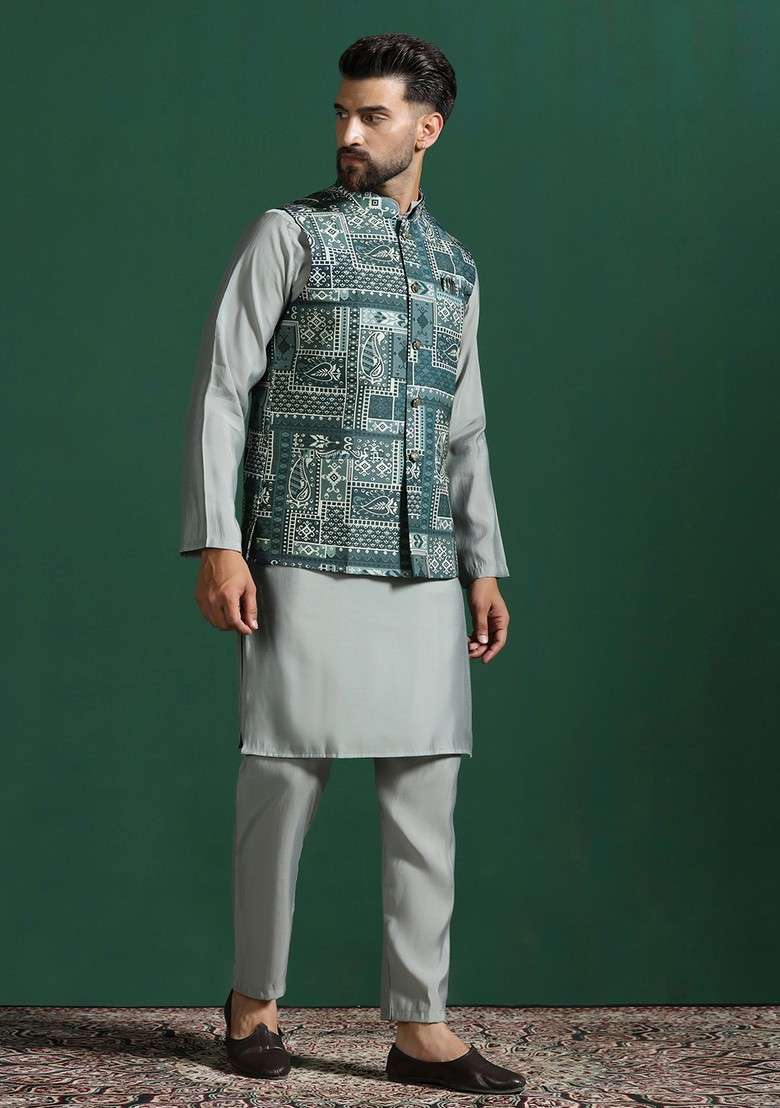 Grey Solid Cotton Nehru Jacket Set For Men - Indya