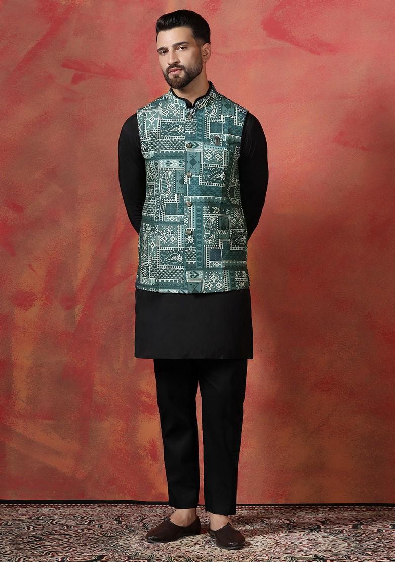 Green Ethnic Cotton Nehru Jacket Set For Men