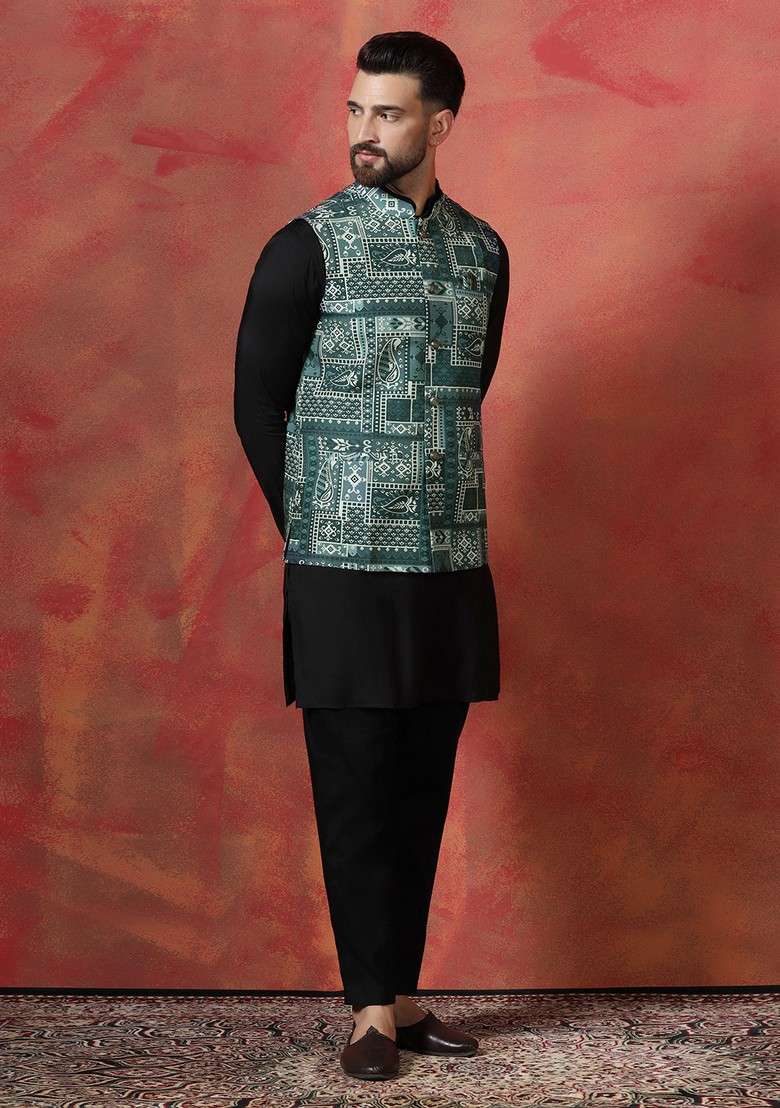 Green Ethnic Cotton Nehru Jacket Set For Men - Indya