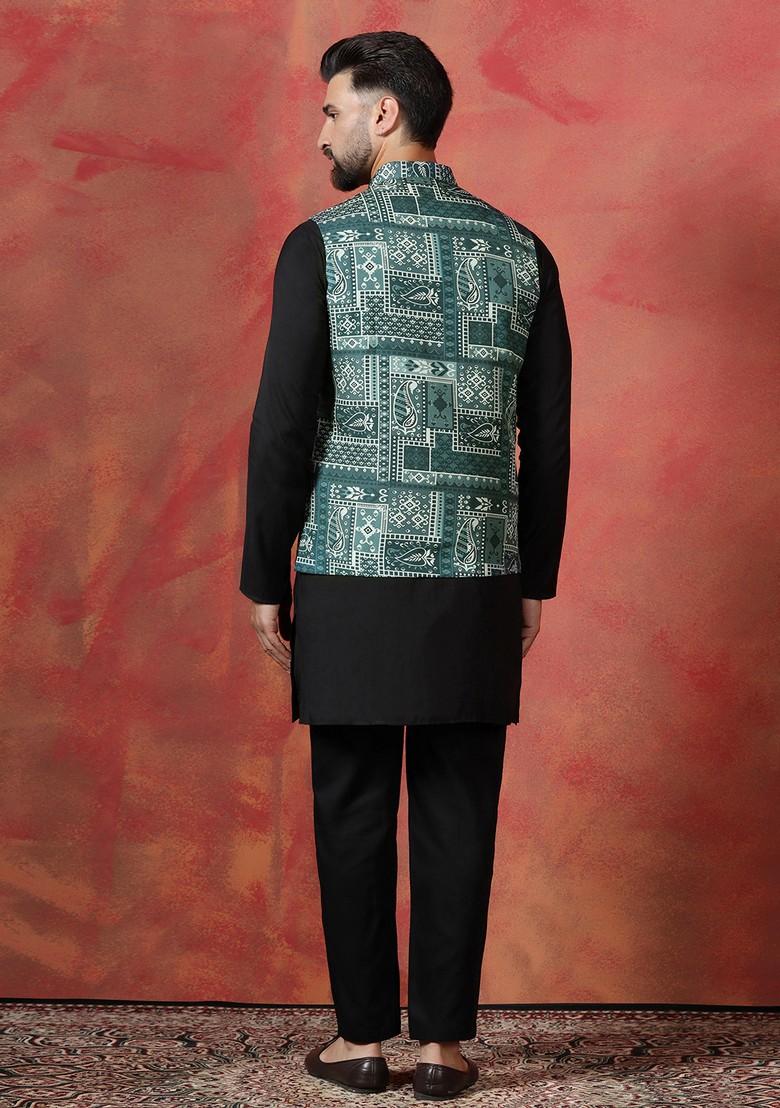 Green Ethnic Cotton Nehru Jacket Set For Men