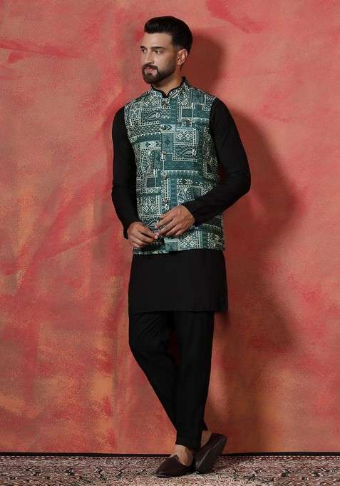 Green Ethnic Cotton Nehru Jacket Set For Men