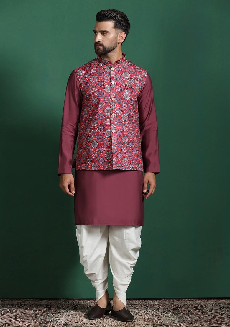 Red Solid Cotton Nehru Jacket Set For Men