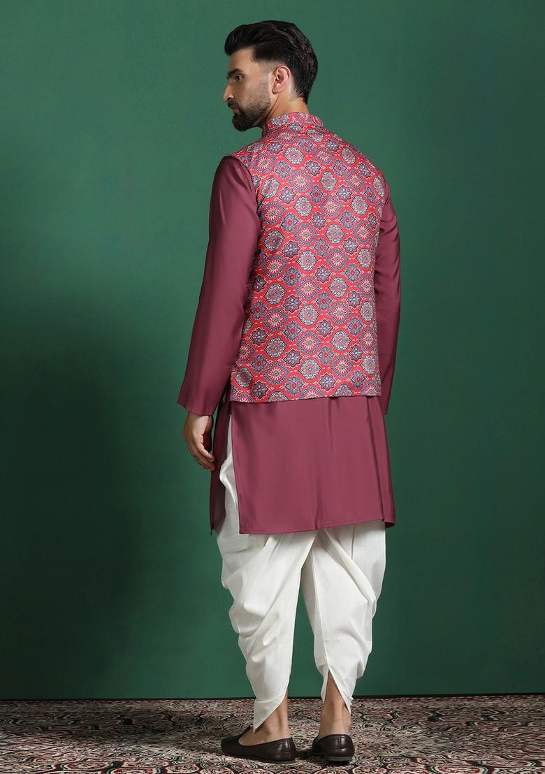 Red Solid Cotton Nehru Jacket Set For Men