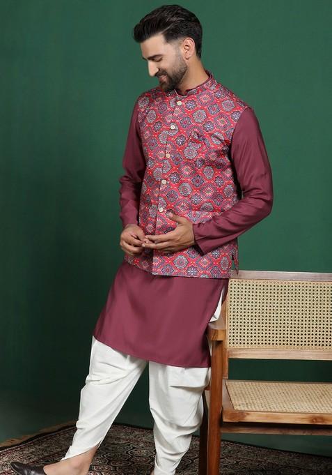 Red Solid Cotton Nehru Jacket Set For Men