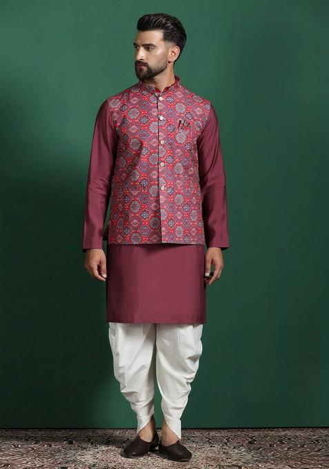 Red Solid Cotton Nehru Jacket Set For Men