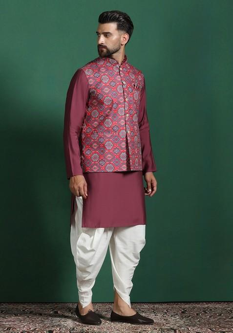 Red Solid Cotton Nehru Jacket Set For Men