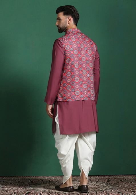Red Solid Cotton Nehru Jacket Set For Men