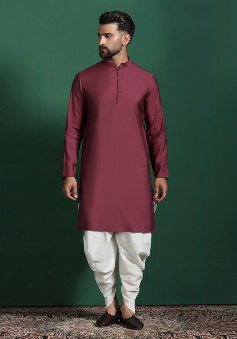 Red Solid Cotton Nehru Jacket Set For Men