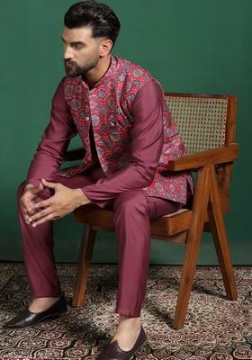Red Solid Cotton Nehru Jacket Set For Men