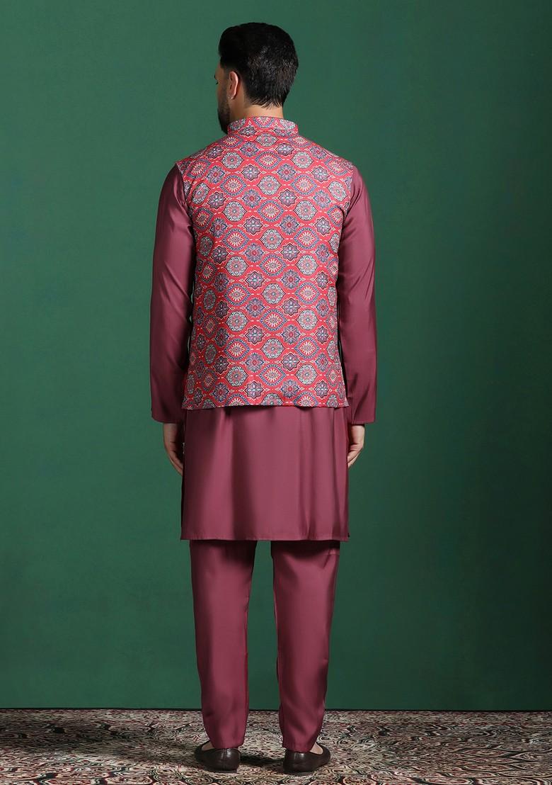 Red Solid Cotton Nehru Jacket Set For Men