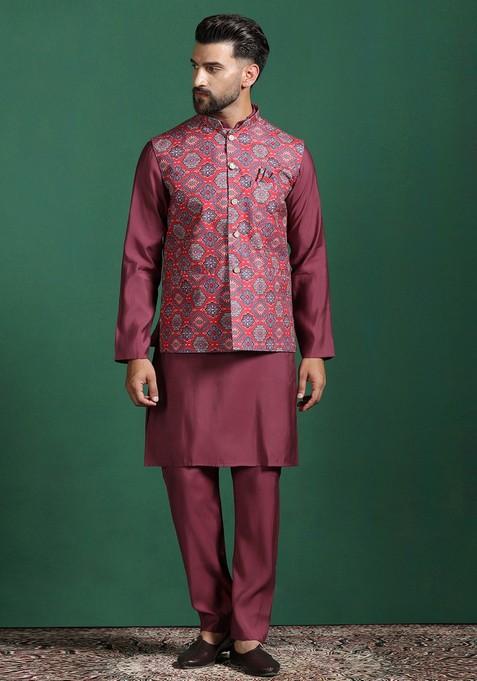 Red Solid Cotton Nehru Jacket Set For Men