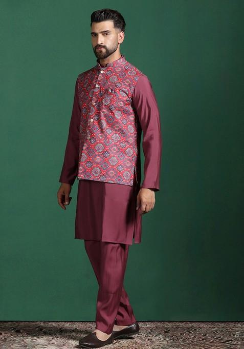 Red Solid Cotton Nehru Jacket Set For Men