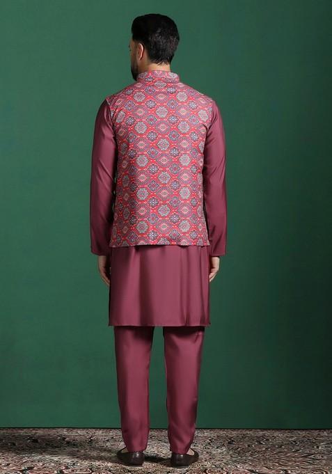 Red Solid Cotton Nehru Jacket Set For Men