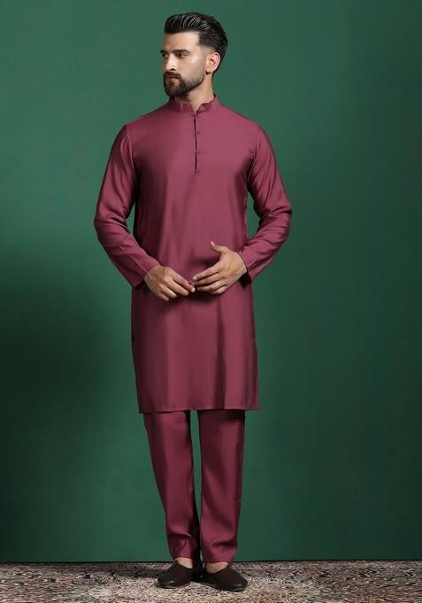 Red Solid Cotton Nehru Jacket Set For Men
