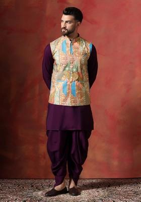Beige Abstract Print Cotton Nehru Jacket Set For Men