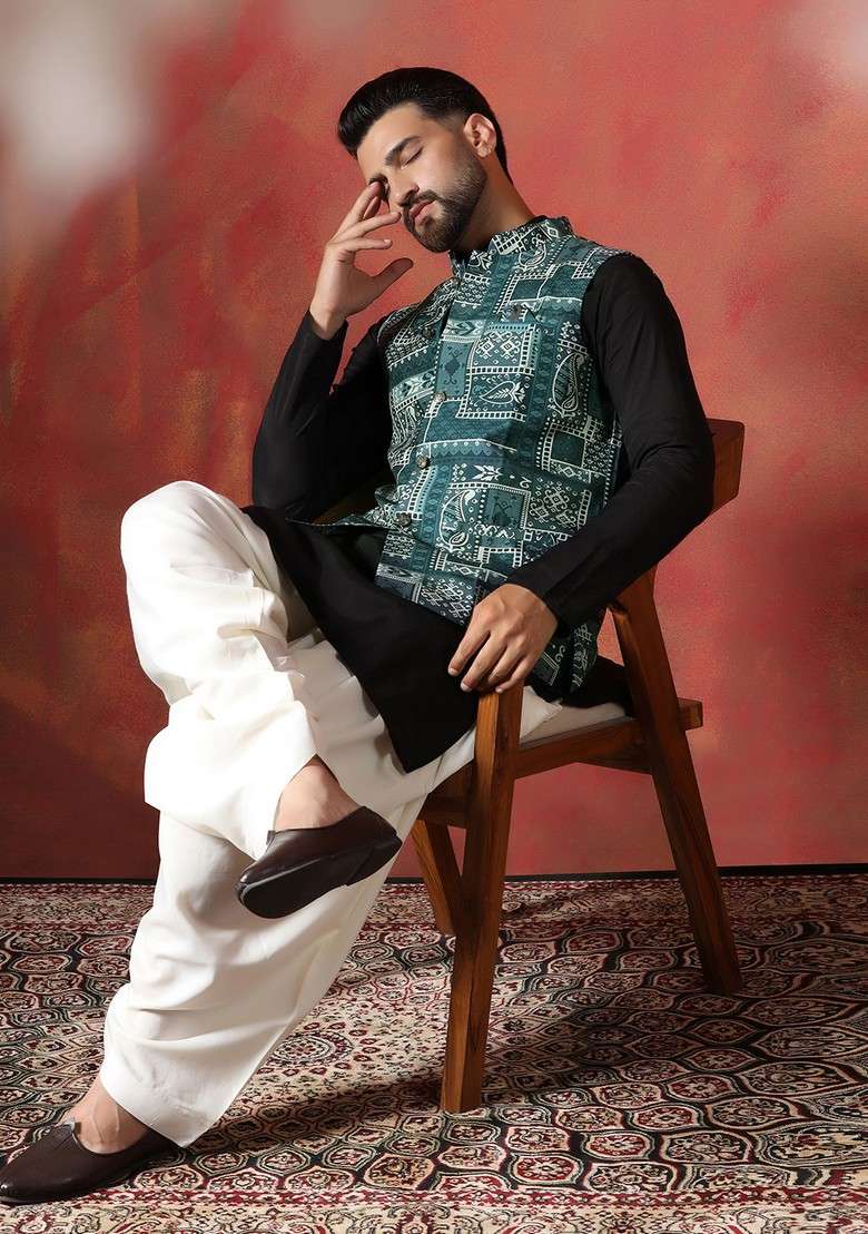 Green Ethnic Cotton Nehru Jacket Set For Men - Indya