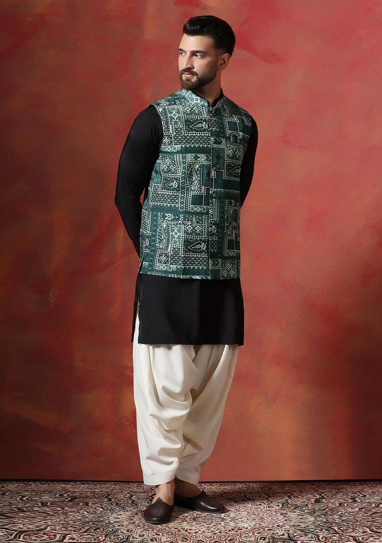 Green Ethnic Cotton Nehru Jacket Set For Men - Indya