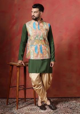 Beige Abstract Print Cotton Nehru Jacket Set For Men
