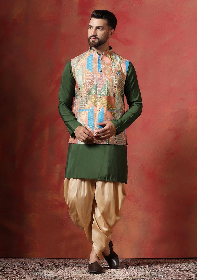 Beige Abstract Print Cotton Nehru Jacket Set For Men