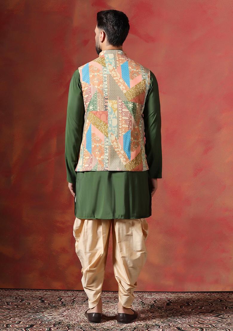 Beige Abstract Print Cotton Nehru Jacket Set For Men
