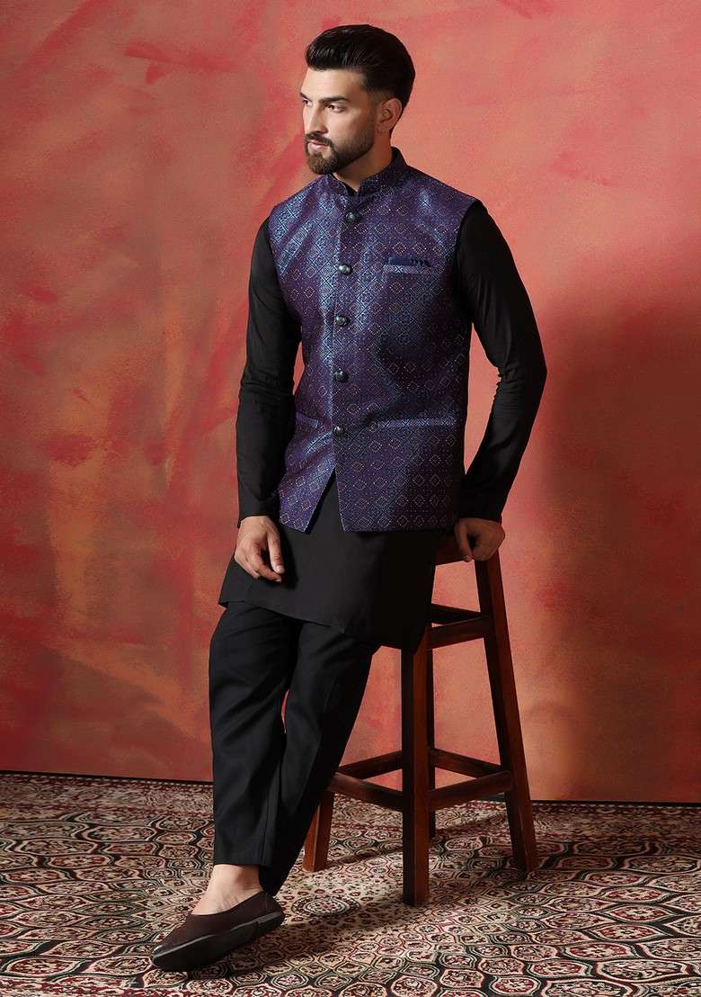 Navy Blue Embroidered Jacquard Nehru Jacket Set For Men - Indya