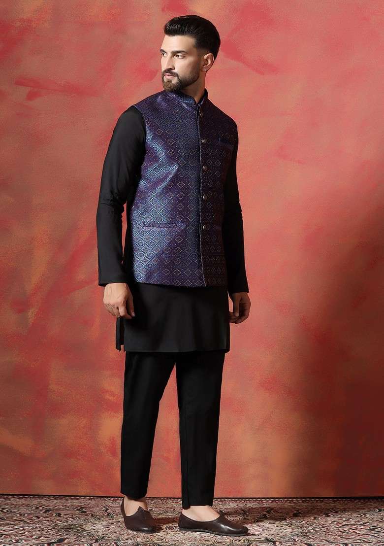 Navy Blue Embroidered Jacquard Nehru Jacket Set For Men - Indya
