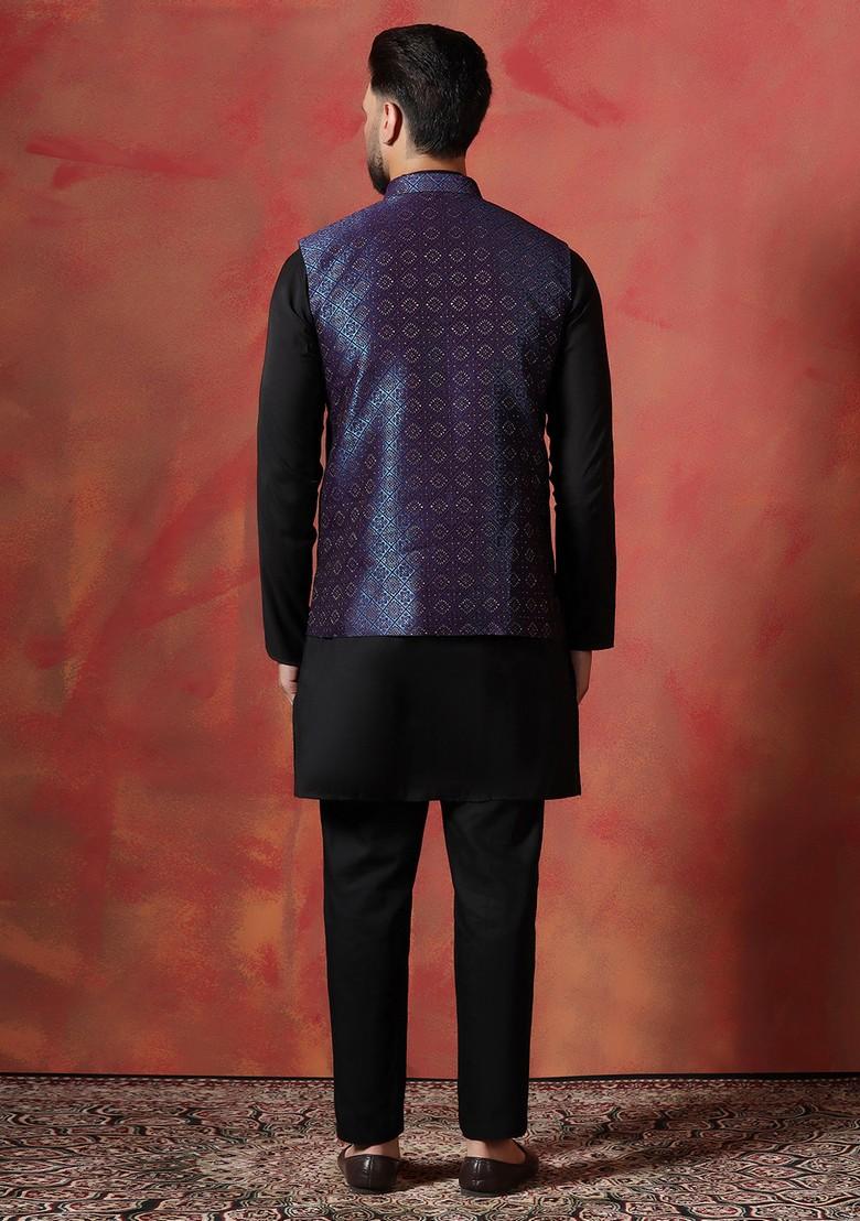 Navy Blue Embroidered Jacquard Nehru Jacket Set For Men