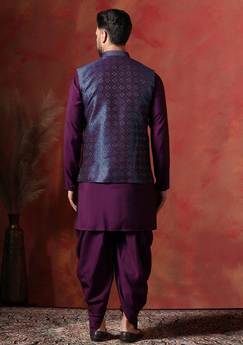 Navy Blue Embroidered Jacquard Nehru Jacket Set For Men