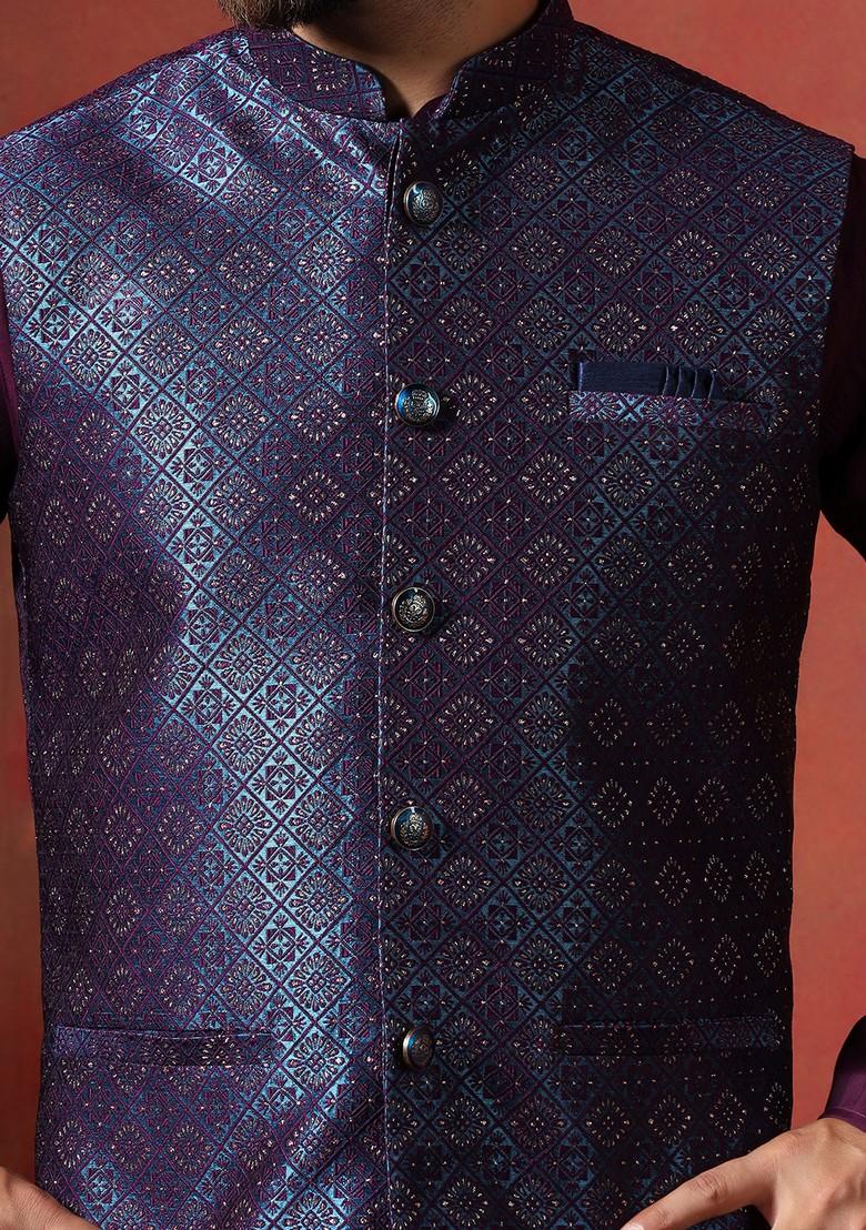 Navy Blue Embroidered Jacquard Nehru Jacket Set For Men