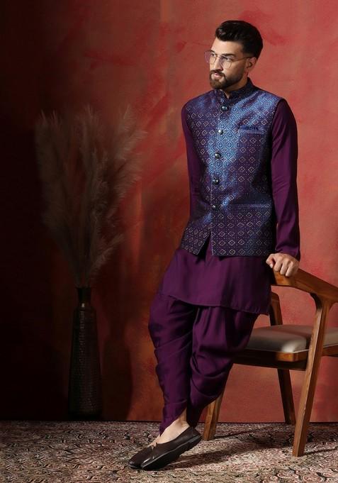 Navy Blue Embroidered Jacquard Nehru Jacket Set For Men