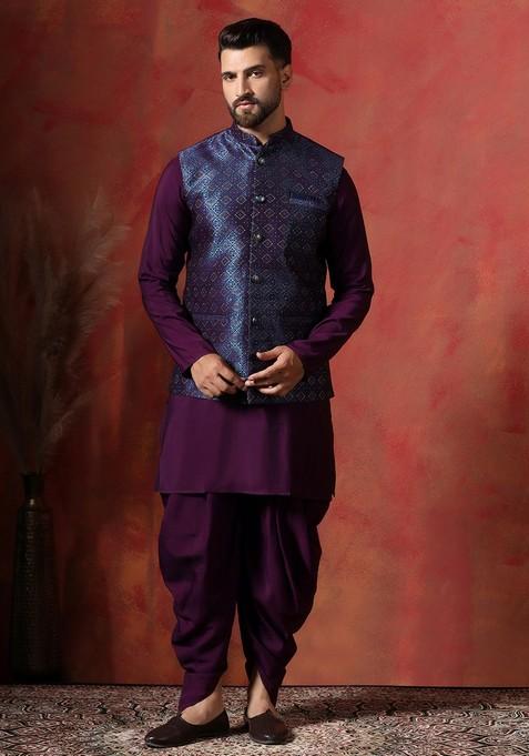 Navy Blue Embroidered Jacquard Nehru Jacket Set For Men