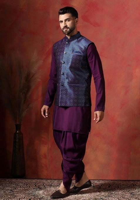 Navy Blue Embroidered Jacquard Nehru Jacket Set For Men