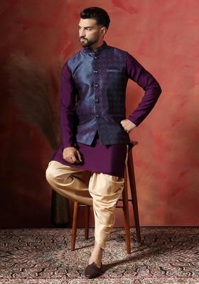 Navy Blue Embroidered Jacquard Nehru Jacket Set For Men