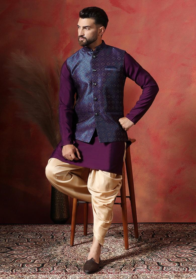 Navy Blue Embroidered Jacquard Nehru Jacket Set For Men