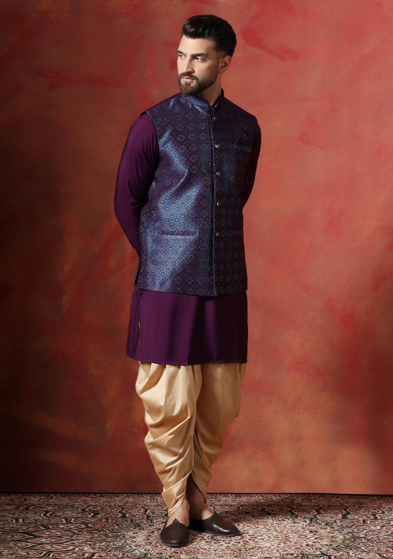 Navy Blue Embroidered Jacquard Nehru Jacket Set For Men
