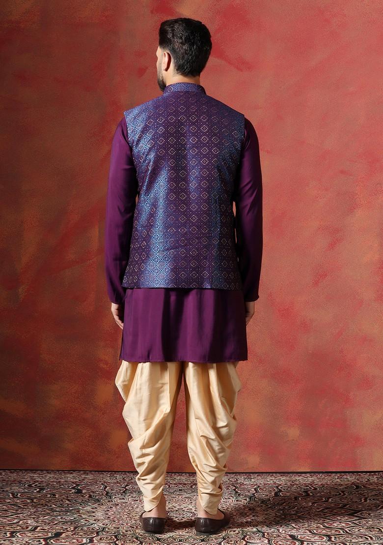 Navy Blue Embroidered Jacquard Nehru Jacket Set For Men