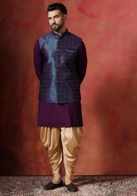 Navy Blue Embroidered Jacquard Nehru Jacket Set For Men