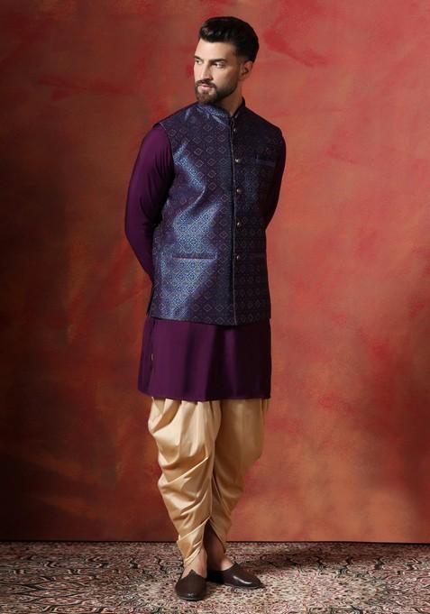 Navy Blue Embroidered Jacquard Nehru Jacket Set For Men