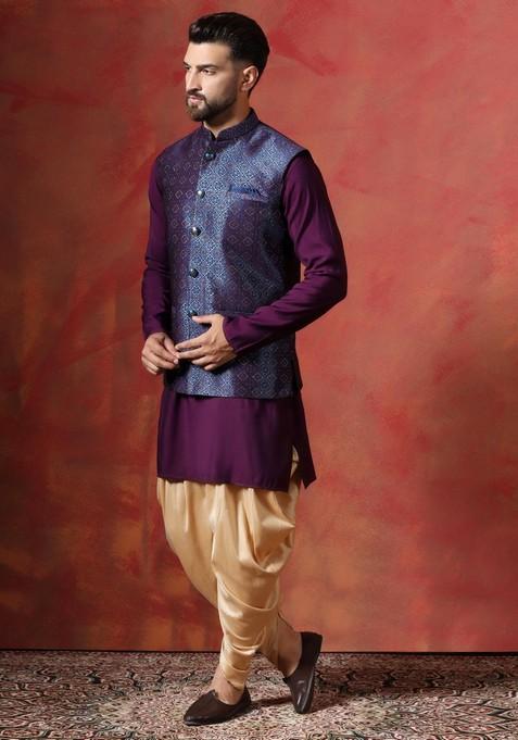 Navy Blue Embroidered Jacquard Nehru Jacket Set For Men