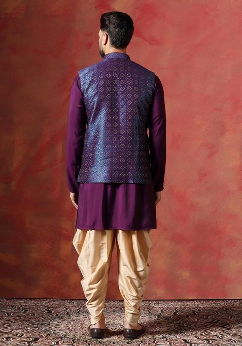 Navy Blue Embroidered Jacquard Nehru Jacket Set For Men