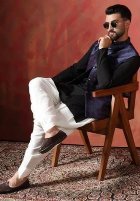 Navy Blue Embroidered Jacquard Nehru Jacket Set For Men