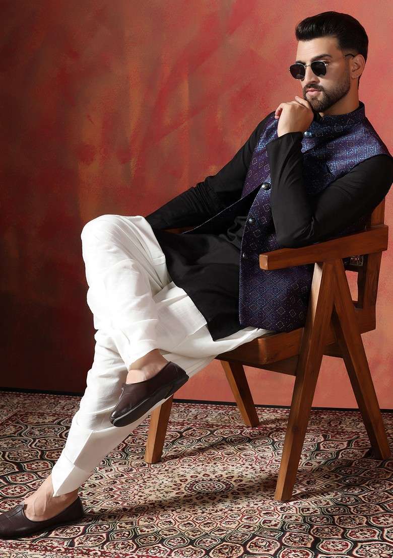 Navy Blue Embroidered Jacquard Nehru Jacket Set For Men - Indya
