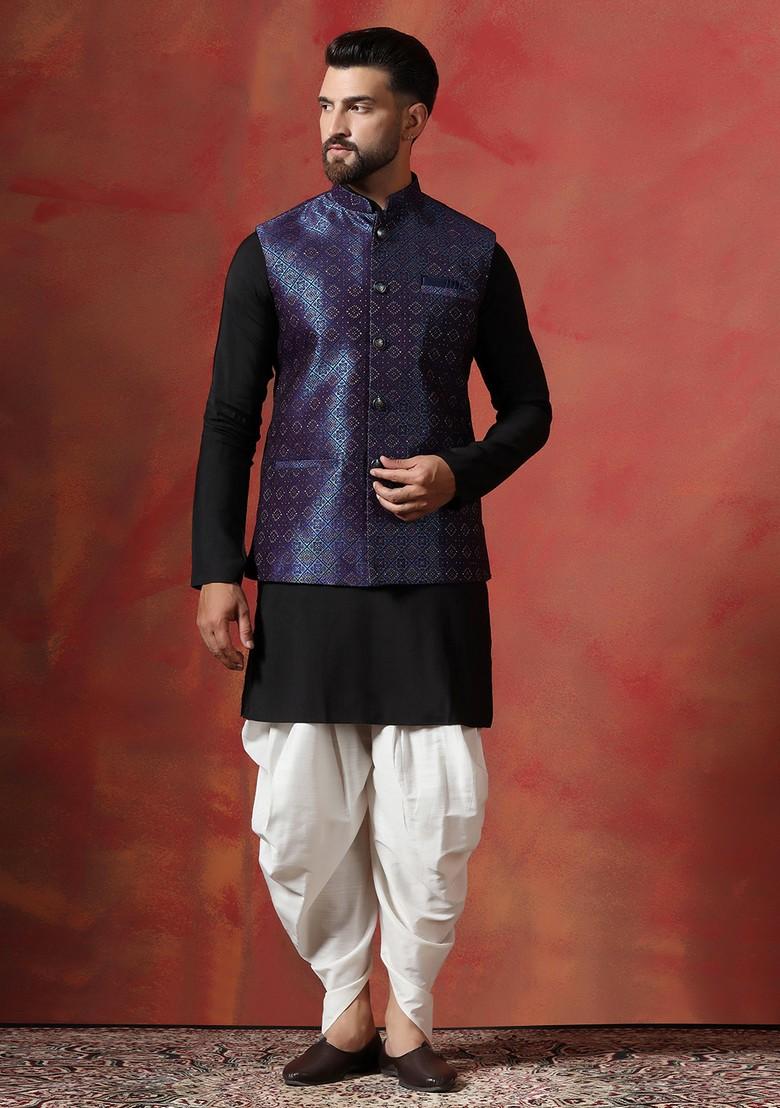 Navy Blue Embroidered Jacquard Nehru Jacket Set For Men
