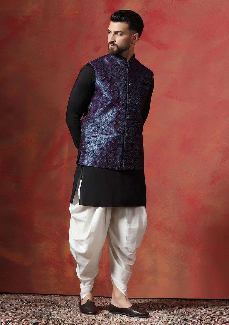Navy Blue Embroidered Jacquard Nehru Jacket Set For Men - Indya