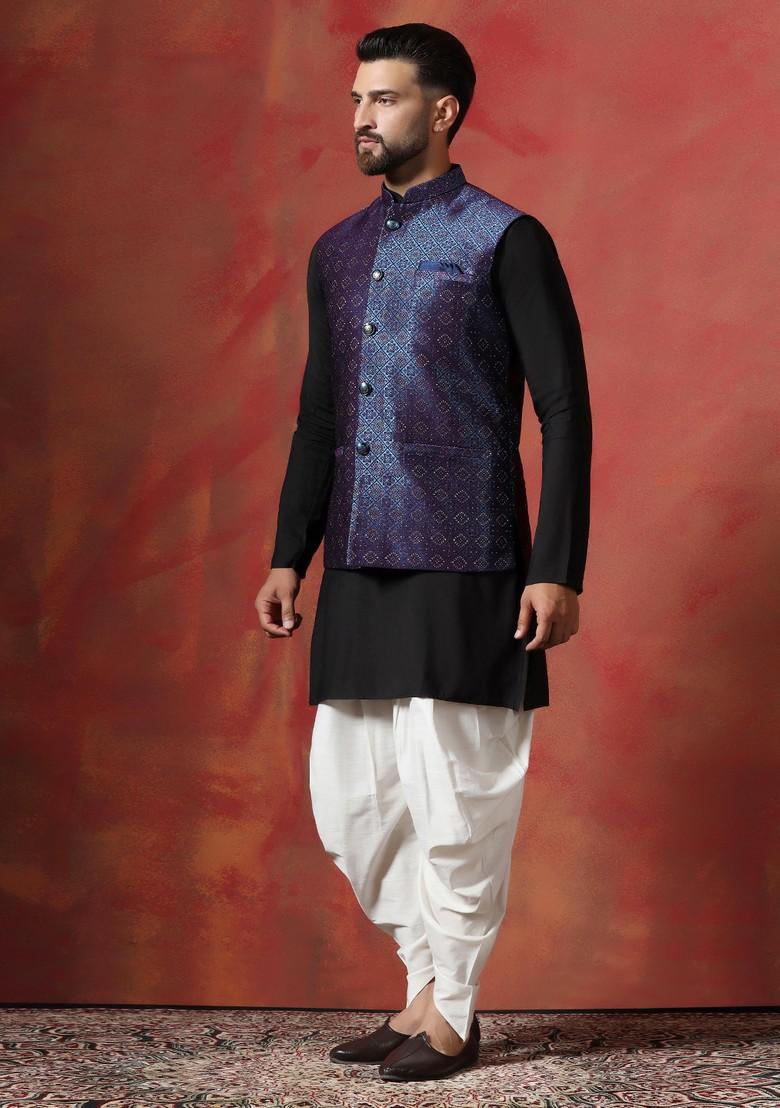 Navy Blue Embroidered Jacquard Nehru Jacket Set For Men