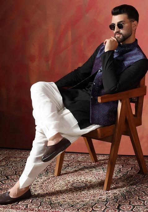 Navy Blue Embroidered Jacquard Nehru Jacket Set For Men — view on Indya