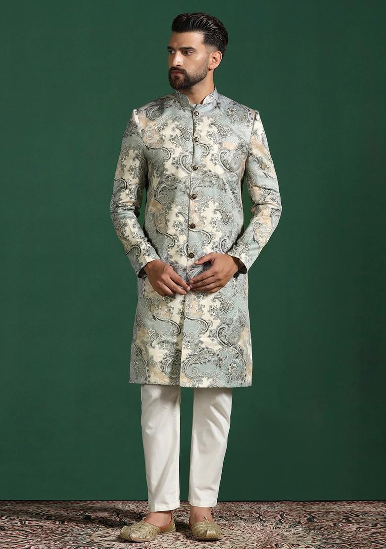 Beige Embroidered Cotton Sherwani Set For Men