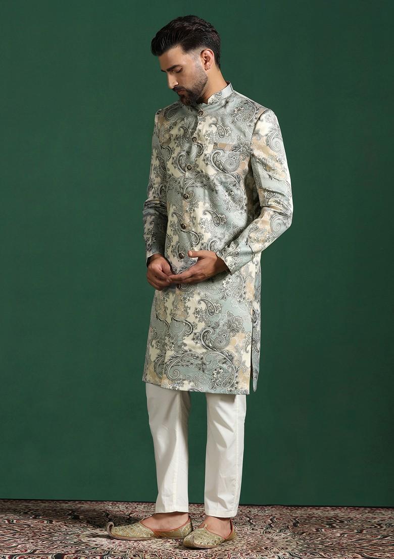 Beige Embroidered Cotton Sherwani Set For Men
