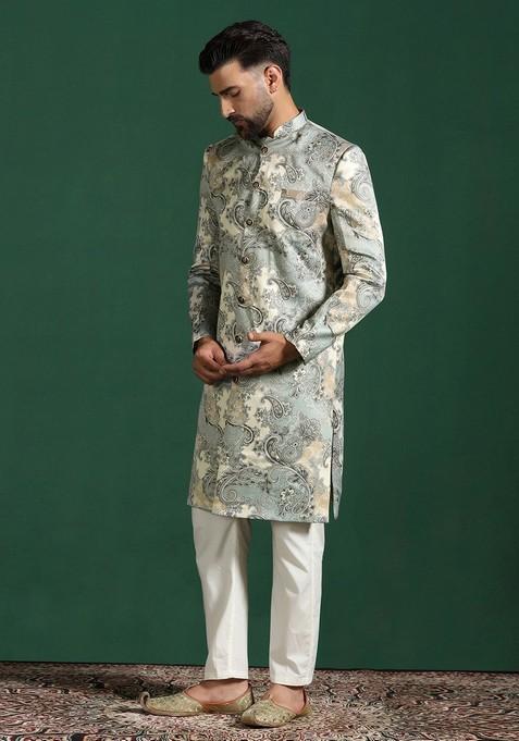 Beige Embroidered Cotton Sherwani Set For Men