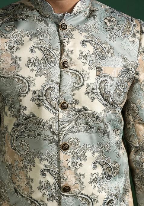 Beige Embroidered Cotton Sherwani Set For Men